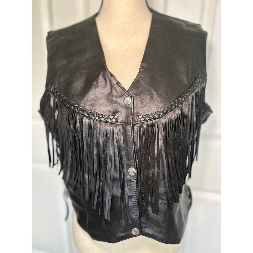 Vintage 90s Leather King Black Fringe Biker Vest Womens L Western Concho Lace